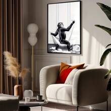 1pc, Canvas Hanging, Framed Decorative Painting, Poster, Wall Art, Monkey Taking Bath Canvas Art Print, Wall Hanging Decoration, Animal Themed Canvas Ink Artwork For Home Office, Bathroom, Living Room - Decorative Art, Modern Vintage Style, Black And White Cartoon Chimpanzee Poster Gifts Birthday Graduation