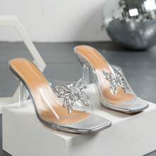 Phụ nữ mùa hè thời trang mới gợi cảm trong suốt bướm trang trí mỏng cao gót dép xăng đan - Bạc - Xem 2