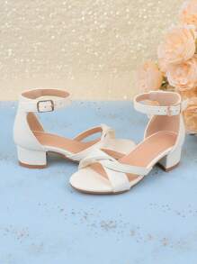 Girls White Fashion Summer Sandals, White Formal Dress, Princess Ankle Strap Sandals For Kids, Flower Girl Wedding Party Dress Chunky High Heel Open Toe Breathable Lightweight Sandals Fits Toddler, Little And Big Girls - White - View 4