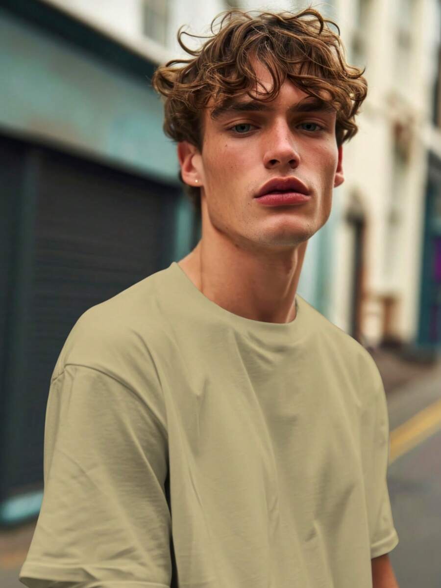 Shirt Oversized Basic Streetwear Men's T-Shirt From S To Plus SIze G3 - Khaki - View 1