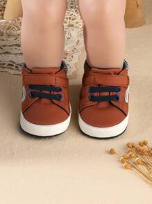 1 Pair Solid Color Canvas Hook And Loop Soft Infant Shoes, Flat Bottom Low Comfort, Suitable For Spring/Autumn - Coffee Brown - View 5