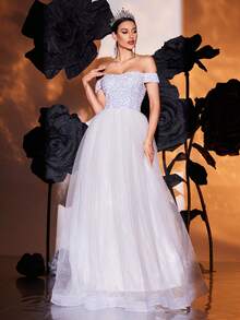 White Off Shoulder Sequin Mesh Maxi Wedding Dress, Bride