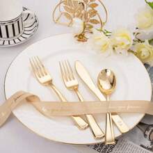 100pcs Cutlery Set - 50 Forks, 25 Knives, 25 Spoons - Plastic Utensils Set For Catering, Parties, Dinners, Weddings,School Supplies - Gold - View 10