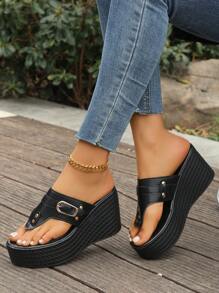 Women's Comfortable Casual Fashion Thick-Sole Flip-Flop Sandals With Side Buckle Decor, Suitable For Daily Wear, Vacation, Matching Skirts And Pants, Lightweight And Stylish - Black - View 6