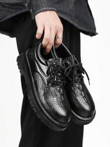 2025 Men's Business Casual Dress Shoes, Black Alligator Embossed Lace-Up - Black - View 2