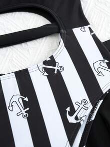 Tween Girl 8-12 Yrs Anchor Printed Cute 2 Pcs Swimwear Set - One-Piece Swimwear With Skirt - Black - View 4