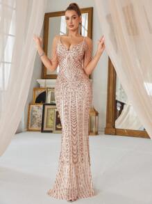 女士派对礼服（重磅款式）亮片装饰细肩带鱼尾晚礼服，正式，适合婚礼宾客 - 金色 - 查看 8