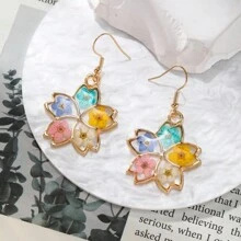 1 Pair Blue Series Preserved Dried Flower Alloy Handmade Resin Flower Drop Earrings