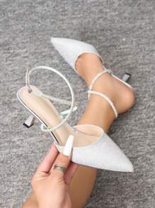 Women's Pointed Toe Asymmetrical High Heel Slide Silver Rhinestones Crossed Sandal, Sexy Fashion Party Glitter Silver High Heels - Silver - View 2