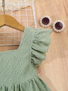 Girls' Casual Simple Comfortable Spring/Summer Solid Color Cap Sleeve Bow Hollow Floral Embroidery Dress - Green - View 5