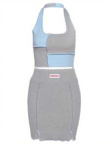 Women's 2 Piece Skirts Outfit Color Block Halter Crop Top And Mini Skirt Set Patchwork Inspired Ribbed Knit Bodycon Matching Set For Streetwear - Grey - View 2