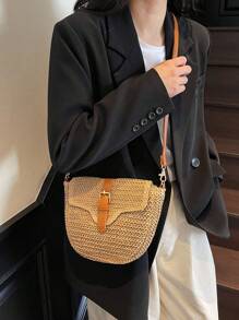 新款时尚草编包，女士单肩斜挎包，百搭时尚 - 卡其色 - 查看 4