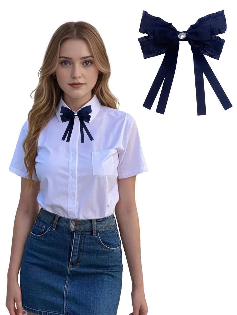 1pc Handmade Women's New Creative Black Bowknot With Rhinestones, Clip-On Tie, Suitable For Daily Fashion, Events, Business Meetings, Festivals, School Uniforms, And Office Wear - Black Diamond Bow - View 1