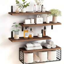 Floating Wall Shelf 4 Tier Shelf For Bathroom Kitchen Bedroom Light Color - 咖啡棕 - 查看 1