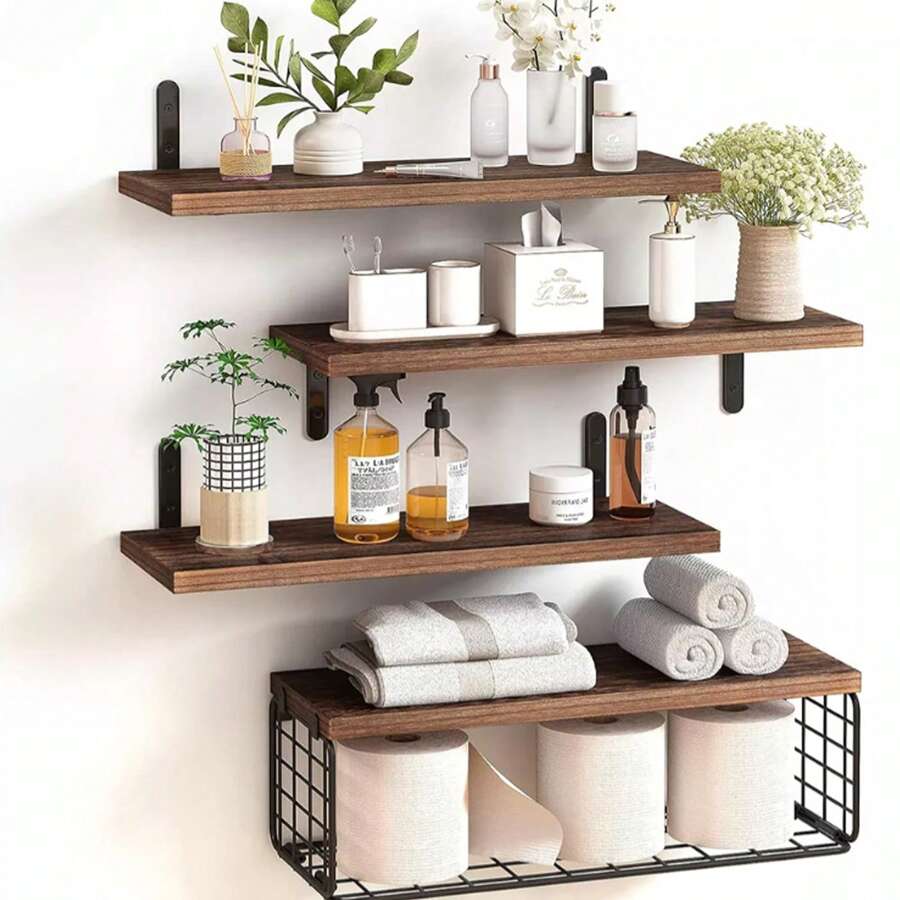 Floating Wall Shelf 4 Tier Shelf For Bathroom Kitchen Bedroom Light Color - 咖啡棕 - 查看 1