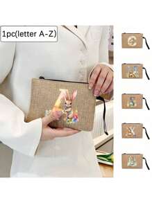 1pc Khaki Linen Makeup Bag With Letters And Rabbits Printed On It, Rabbit Print Fashionable Wreath Letter Pattern,Coin Wallet, Makeup Bag, Ladies' Birthday Gift, Teacher's Thank You Gift - Khaki - View 1