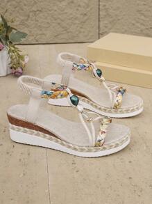 Women's Summer New Bohemian Style Resort Beaded Platform Wedge Sandals, Versatile,Travel Essential - Beige - View 8