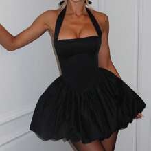 Women Y2K Halter Bubble Mini Dress Sleeveless Ruched Waist Mini Dress Sexy Open Back Tie Up Backless Corset Short Puff Dress Party Cocktail Clubwear Beach Club Streetwear - 黑色 - 查看 5