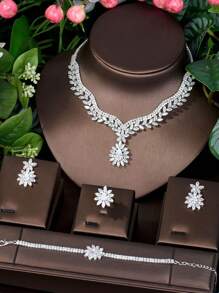 1 套时尚公主首饰套装，植物装饰，方晶锆石镶嵌，适合新娘、婚礼、派对礼服、节日、多功能女士首饰 - 銀色 - 查看 1