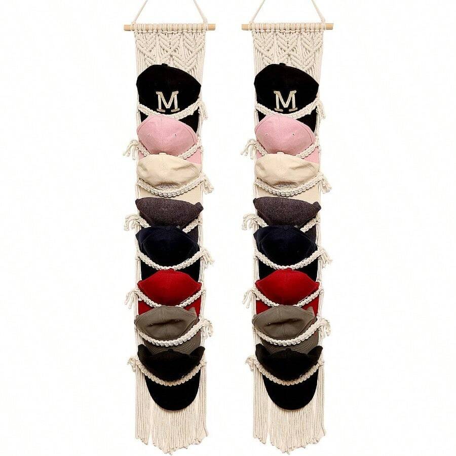 Boho Ball Cap Hanger-2 Pack-Boho Macrame Cap Holder Wall Hat Organizer For Baseball Cap Holder Over Door Hat Rack For Wall Cap Rack Disaplay Bearoom Decorations
