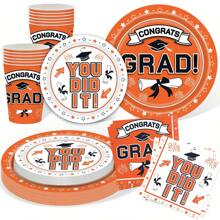 Graduation Table Graduation Party Supplies Graduation Decorations Class Of 2025 Paper Graduation Tableware Kit For Plates, Napkins, Cups, Tablecloth And Hanging 2025 Graduation Party Decorations - Orange - View 1
