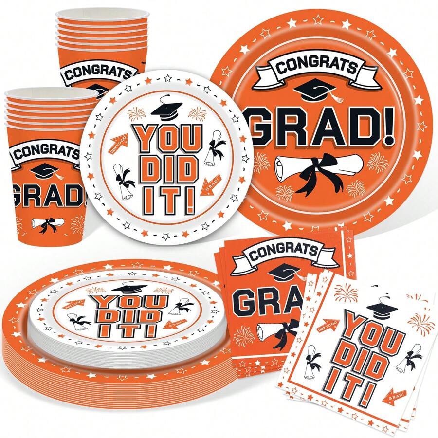 Graduation Table Graduation Party Supplies Graduation Decorations Class Of 2025 Paper Graduation Tableware Kit For Plates, Napkins, Cups, Tablecloth And Hanging 2025 Graduation Party Decorations - Orange - View 1