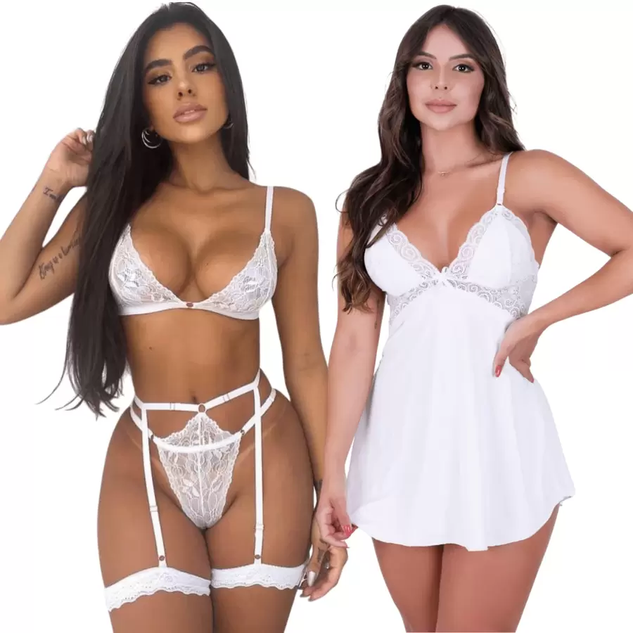 Lace Backless Camisole Kit + Garter Belt Set - 白色 - 查看 1