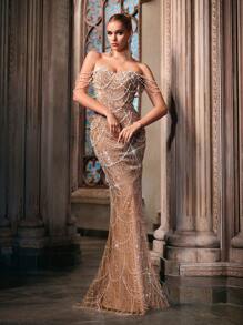 LUVISTRUE Ethereal Pearl Decor Formal Dress, Women Sequin Evening Gown For Graduation, Birthday Party, Gala, Cocktail Party, Concert, Awards Ceremony, Solid Color One-Shoulder Floor-Length Dress - Champagne - View 3