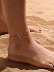 1pc Stainless Steel Double Layer Anklet, Bohemian Beach Style Foot Chain, Great Gift For Women - Gold - View 4