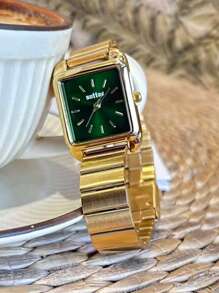 sottas 1pc 新款方形金色小绿表女简约大气韩版时尚休闲百搭小众轻奢精致钢带石英表 - 均碼 - 查看 8