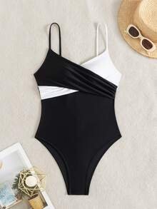 Black & White Contrast Color Cross Strap Front One-Piece Swimsuit For Women - Black and White - View 2