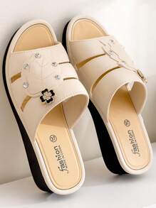 Wedge Platform Slip-On Sandals For Teens And Students, Leaf & Rhinestone Design, Paired With Floral Thick Bottom Mary Jane Shoes