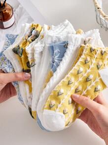 4 Pairs Vintage Floral Embossed Short Socks For Women, Yellow And Blue - Multicolor - View 3