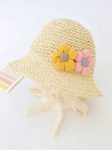1pc Baby Girls' 1-2Y Handwoven Straw Hat With Drawstring, UV Protection, Spring/Summer - Beige - View 1