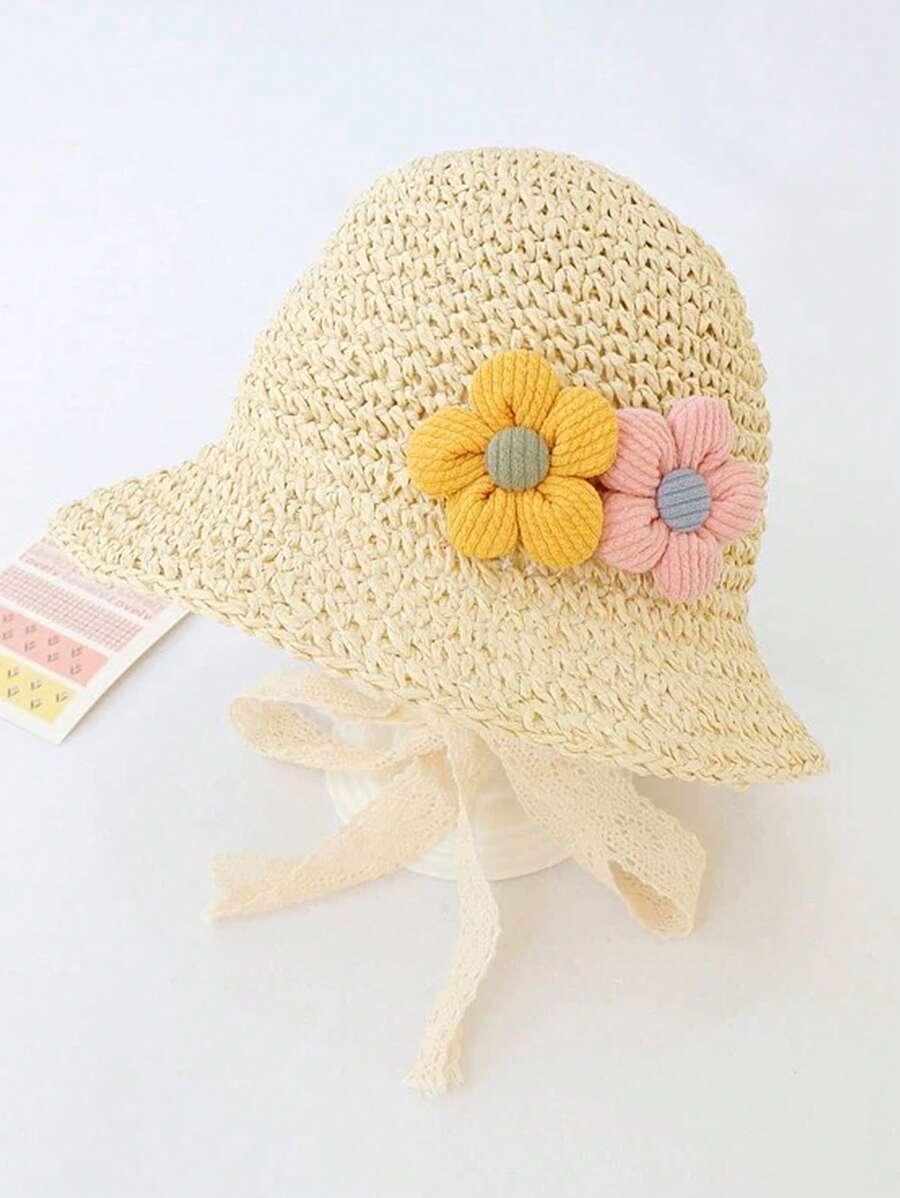 1pc Baby Girls' 1-2Y Handwoven Straw Hat With Drawstring, UV Protection, Spring/Summer - Beige - View 1