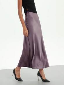 Se-Helo Fashion Dam Elastisk Satinkjol Satin Maxi - Grå Lila Casual Vår - Grå lila - Visa 6