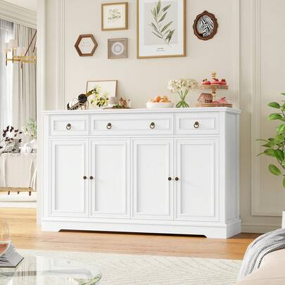 Furchen Kitchen Sideboard With Countertop, Dining Sideboard, Kitchen Auxiliary Furniture, Corridor Furniture, Living Room Sideboard, Hall Furniture, With 3 Drawers And 4 Doors, Adjustable Shelves, 134x87x40 Cm
