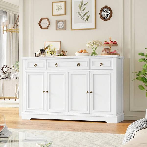 Furchen Kitchen Sideboard With Countertop, Dining Sideboard, Kitchen Auxiliary Furniture, Corridor Furniture, Living Room Sideboard, Hall Furniture, With 3 Drawers And 4 Doors, Adjustable Shelves, 134x87x40 Cm
