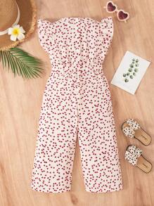 Young Girls Fashion Heart Print Ruffle Trim Sleeveless Jumpsuit + Belt
