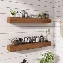 Wall Floating Shelves, Rustic Wood Shelf For Wall Mounted - Wooden Handmade Shelves For Bathroom Kitchen Livingroom(Walnut, 36 Inch - 2 Pack) - 淺胡桃木色 - 查看 1