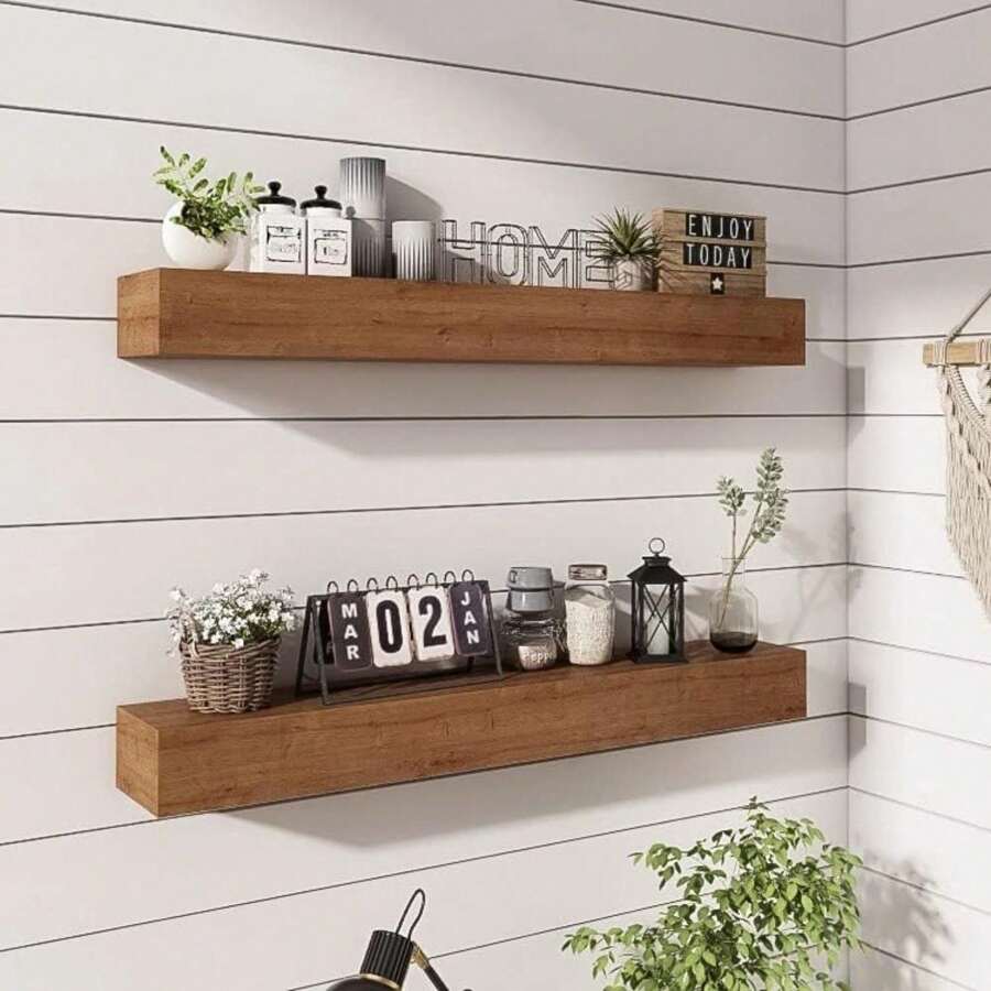 Wall Floating Shelves, Rustic Wood Shelf For Wall Mounted - Wooden Handmade Shelves For Bathroom Kitchen Livingroom(Walnut, 36 Inch - 2 Pack) - 淺胡桃木色 - 查看 1
