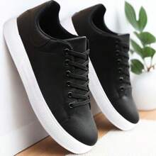 Men's Casual Outdoor Black Sneakers, Round Toe Lace Up Flat Soft Comfortable Daily Commute Streetwear Skateboard Shoes - Black - View 1
