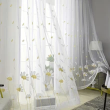 1 件法国雏菊和蜻蜓刺绣薄纱窗帘，顶部杆袋，轻盈透气，刺绣精制，紧密编织面料，防蚊，可机洗，浪漫农舍装饰，适用于家庭窗户和门，适用于卧室、衣柜、客厅、餐厅、办公室、房间隔断