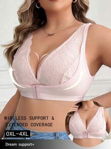 Plus Size Women Front Closure Soft Supportive Wireless Bra - Pink - View 4