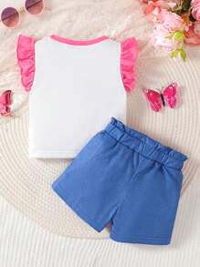 2 件套蝴蝶图案印花盖袖圆领上衣 + 数码印花蝴蝶针织短裤可爱简约套装（非牛仔布） - 白色 - 查看 3