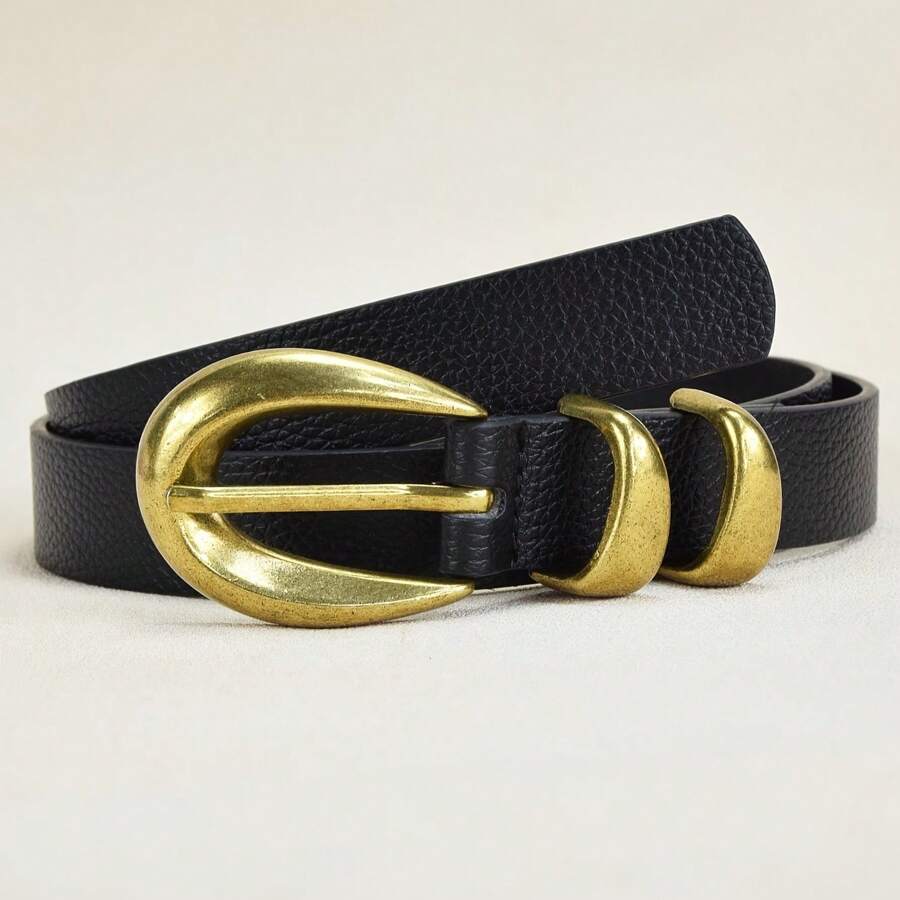 1 件新品女士时尚复古金扣腰带，百搭配饰 - 黑色 - 查看 1