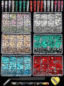 12 Grid Manicures 160 Rhinestones And 1100 Flat Bottom Small Round Diamonds. Different Shapes And Styles Of Mixed Glass Nail Decorations With Some Diamond Pencil Sharpener Sets Can Be Used For Clothing Face Nail DIY Decoration And Use - 彩色 - 查看 2