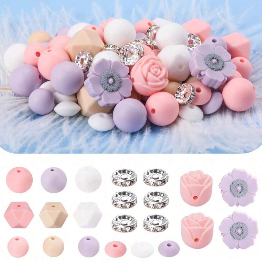 8/30/71pcs Exquisite 3D Floral Silicone Focal Beads Set - With Roses, Poppies, Round & Hexagonal, 1.0 - 2.0mm Delicate Size, Ideal For DIY Jewelry, Creative Necklaces, Bracelets, Pen & Keychain, Versatile Choice For Jewelry DIY