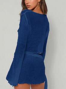 Bộ 2 áo dài tay buộc nơ phía trước và váy cho nữ, đi nghỉ mát mùa hè ở bãi biển - Màu xanh hải quân - Xem 2