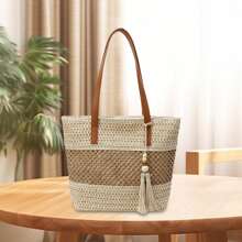 Women Large Capacity Tote Bag Fashion Trendy Tassel Beach Shoulder Bag Handbag for Travel Daily Shopping - Beis - Ver 3